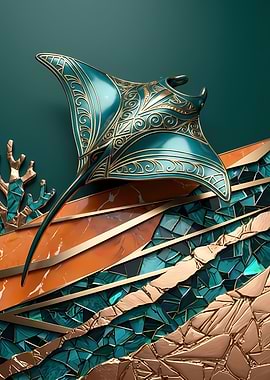 Ornate Teal and Gold Stingray Art