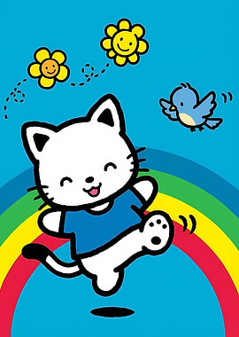 Happy Cat with Rainbow and Flowers