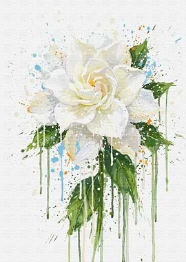 White Gardenia Flower with Watercolor Splatters