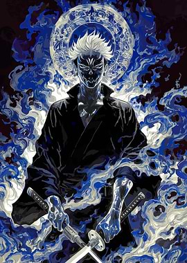 Anime Swordsman with Mask and Blue Flames