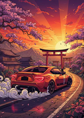 Red Sports Car Drifting in Japan