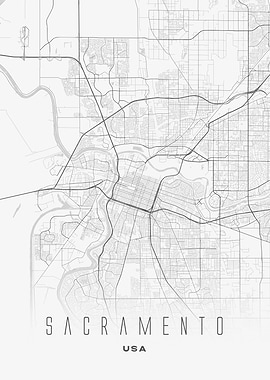 Sacramento, California - Minimal City Streets Map Poster, USA Wall Art Print