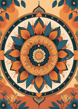 Floral Mandala Art in Orange and Teal