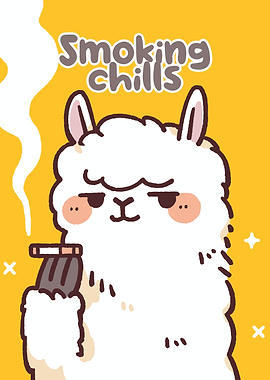 Smoking Chills Alpaca Cartoon Illustration