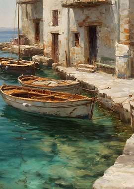 Coastal Village with Boats Painting