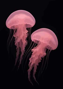 Two Pink Jellyfish on Black Background