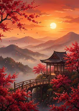 Japanese Temple with Cherry Blossoms Sunset