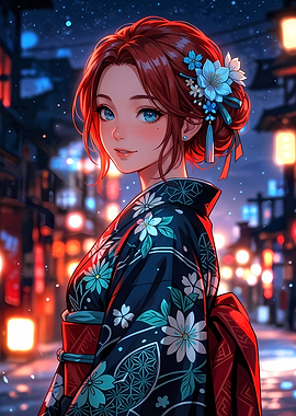 Anime Girl in Kimono at Night