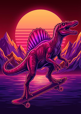 Spinosaurus on Skateboard Retro Art