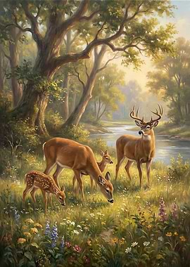 Deer Family in Forest Painting