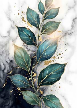 Teal and Gold Leaves on Marble