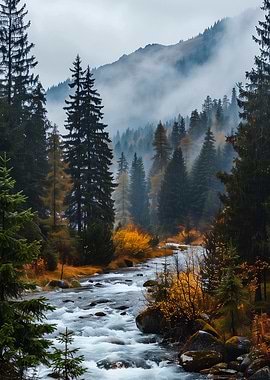 Mountain River in Autumn Forest