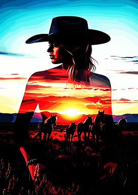 Cowgirl Sunset Silhouette with Wild Horses