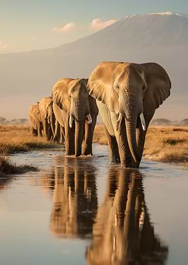 Elephants crossing water with mountain backdrop