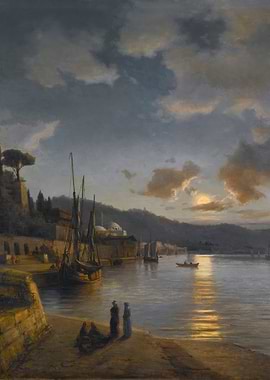 Harbor Scene Painting with Figures