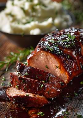 Sliced Glazed Pork Loin with Mashed Potatoes