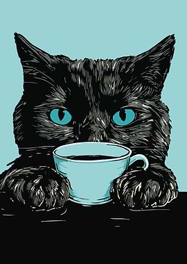 Black Cat with Coffee Cup Illustration