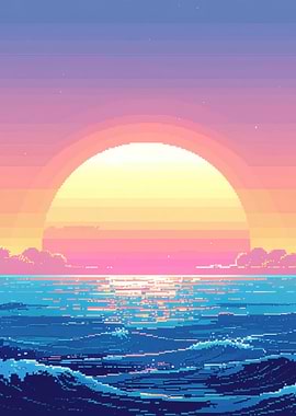 Pixel Art Sunset Over Ocean Waves