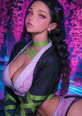 Anime Girl with Pink Eyes and Flowers