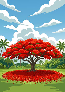 Vibrant Red Flamboyant in a Lush Landscape