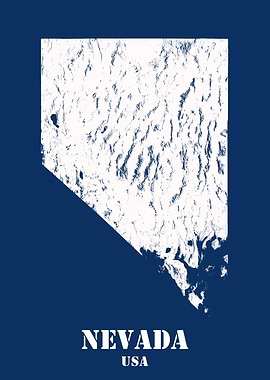 Nevada USA State Minimalist White Topographic Contour Relief Map featuring terrain on navy blue background