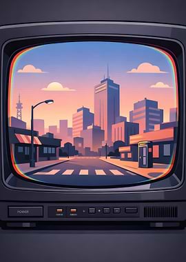 Cityscape on Retro Television Screen