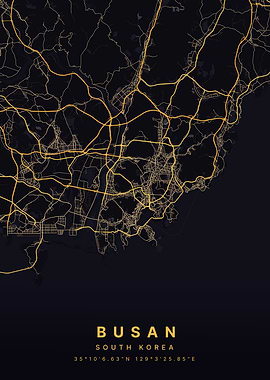Busan South Korea Black and Gold Map