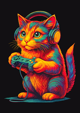 Gaming Cat Poster, Colorful Gamer Wall Art, Neon Cat Illustration Print for Game Room