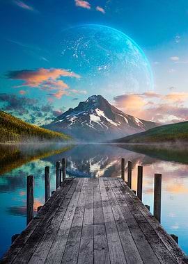Lake, Mountain, and Planet Landscape