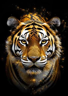 Majestic Tiger Portrait with Golden Sparkles