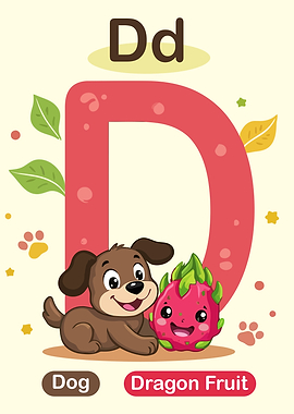 Letter D with Dog and Dragon Fruit