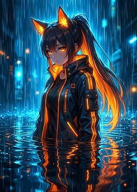 Anime Girl with Fox Ears in Rain