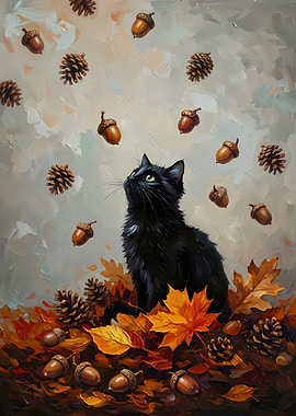 Black Cat in Autumn Leaves Painting