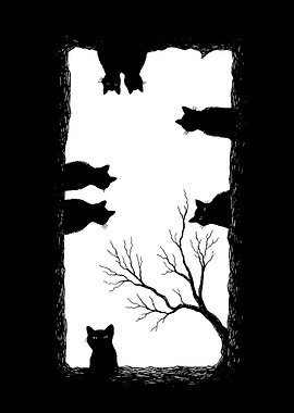 Silhouette Cats and Tree