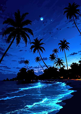 Night beach with bioluminescent waves