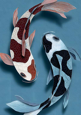 Two Koi Fish on Blue Background