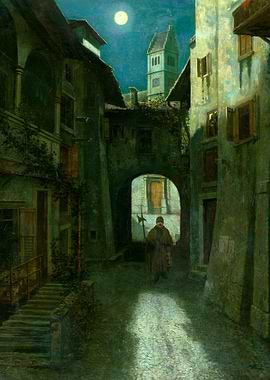 Night Watchman in Medieval Town Painting