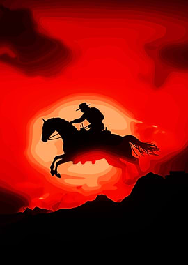 Silhouette of Cowboy Riding Horse at Sunset