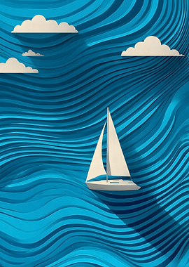 Sailboat on Blue Wavy Sea