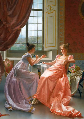 Two Women in Elegant Conversation Painting