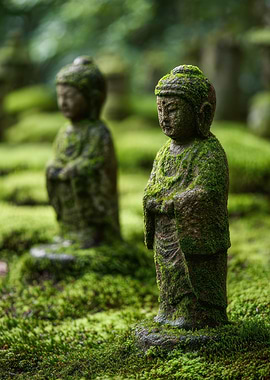 Moss-covered Jizo Statues in a Garden