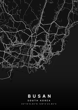 Busan South Korea Black and White Map