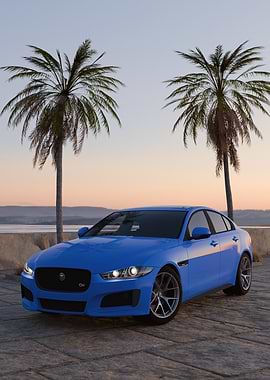 Blue Jaguar XE with Palm Trees