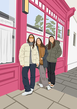 Minimalist Faceless Girls Street Fashion Illustration in Pink City