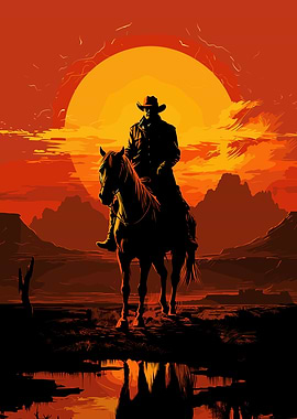 Cowboy on Horseback at Sunset