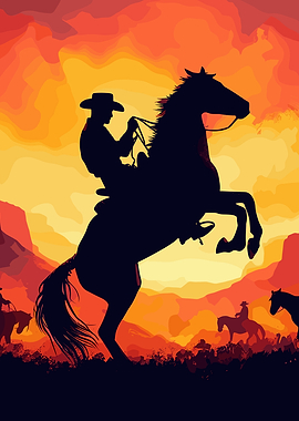 Cowboy on Rearing Horse Silhouette Art