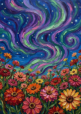 Floral Field Under Aurora Borealis Painting