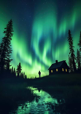 Aurora Borealis over Cabin Landscape