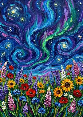 Floral Field Under Swirling Night Sky