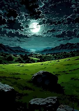 Moonlit Green Valley Landscape